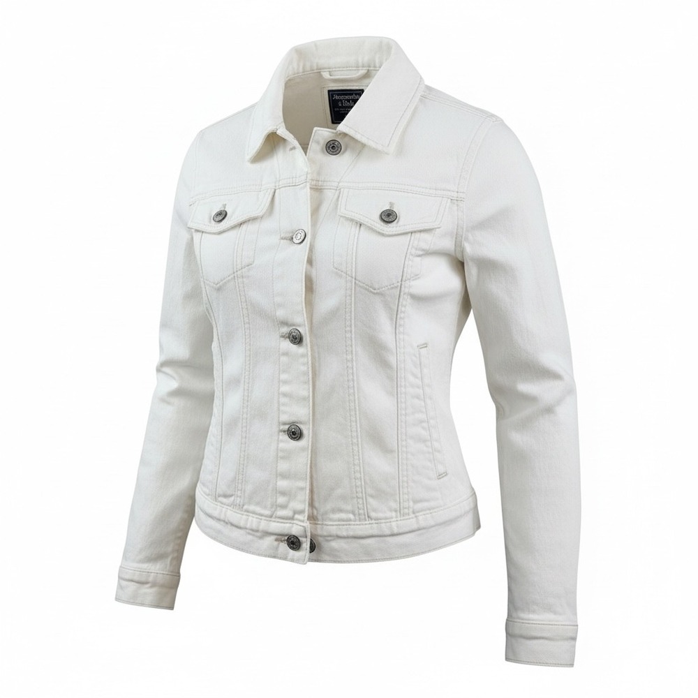 Abercrombie & Fitch White‎ Denim Jacket women XS Fitted Stretch Trucker Jean New